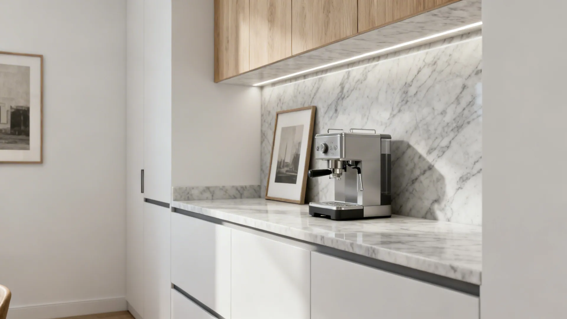 Small studio kitchen with seamless quartz slab backsplash and subtle gray veining.