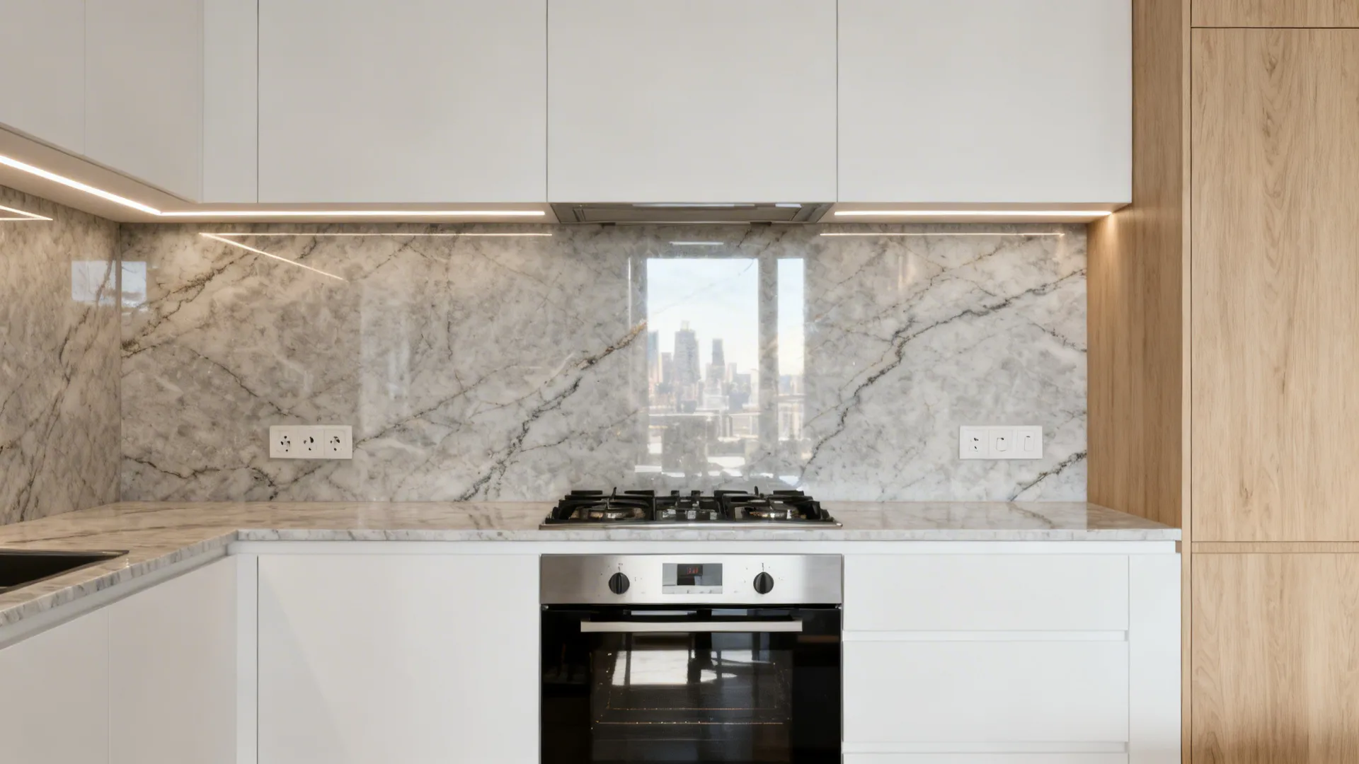 Small kitchen with a full-height polished quartz slab backsplash reflecting daylight.