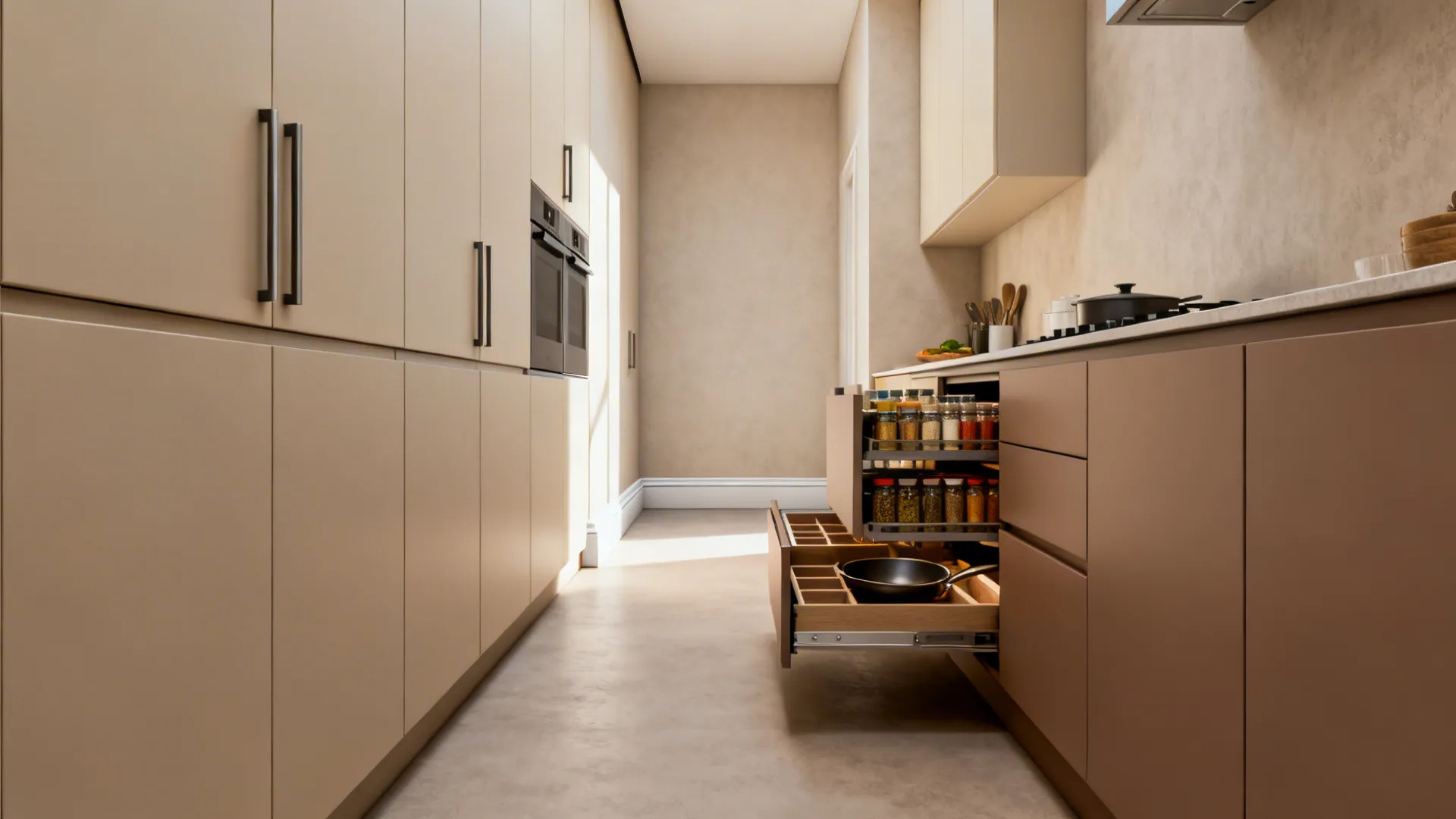 Full-height minimal cabinets with integrated pulls and organized deep drawers in a galley kitchen.