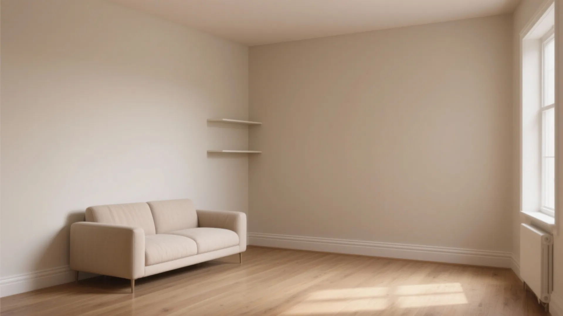 Minimalist beige room with small sofa wooden floor two wall shelves and a bright window