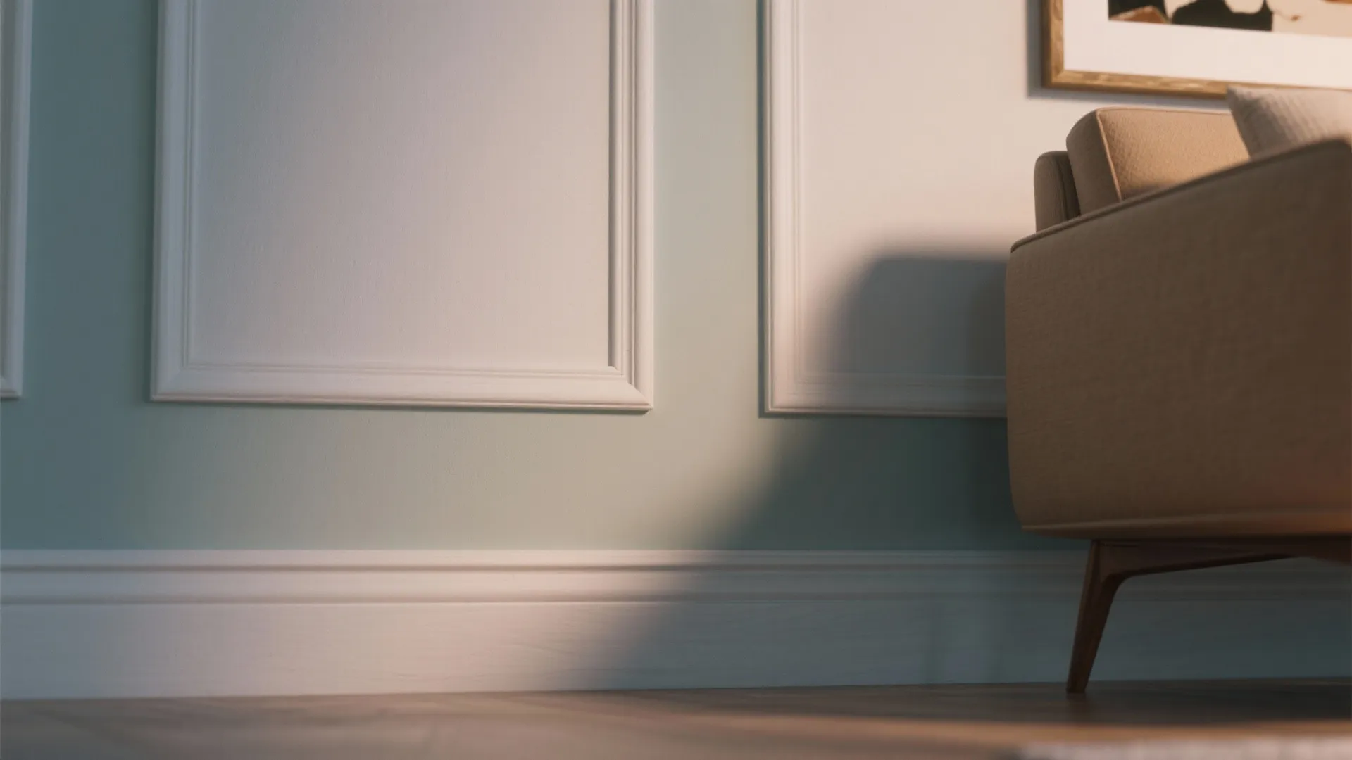 Close up of white wall panel and floor baseboard next to a tan fabric sofa
