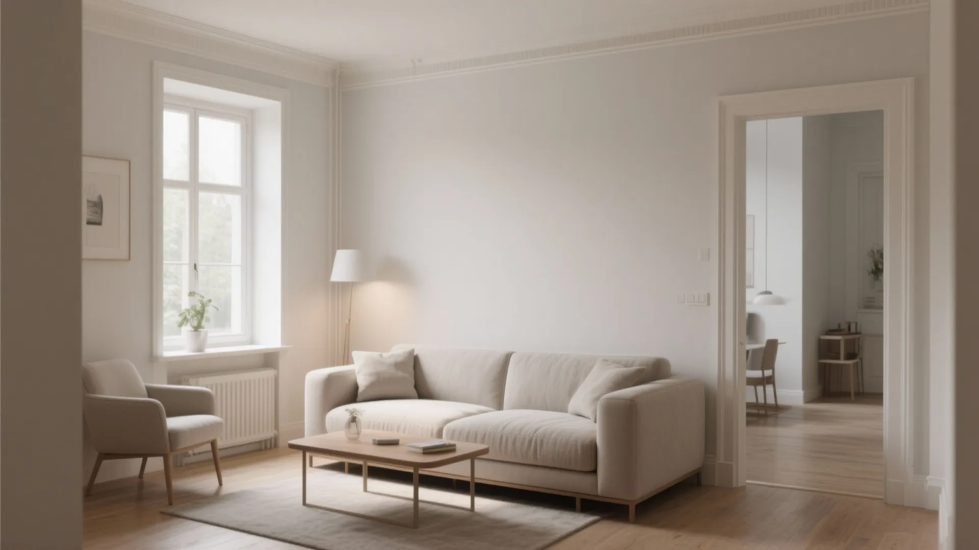 Minimalist living room with beige sofa armchair coffee table white walls and view of dining area