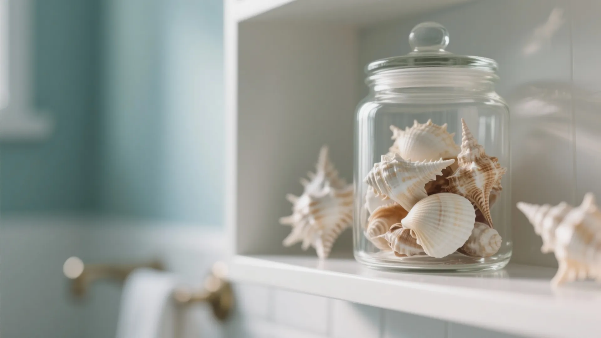 Clear glass jar filled with small seashells placed on a white shelf in a bathroom