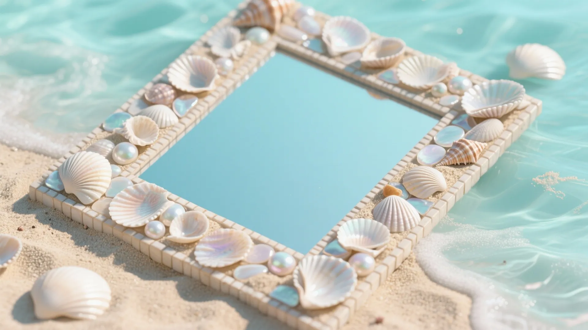 Seashell mosaic mirror frame materials arranged in a flat lay