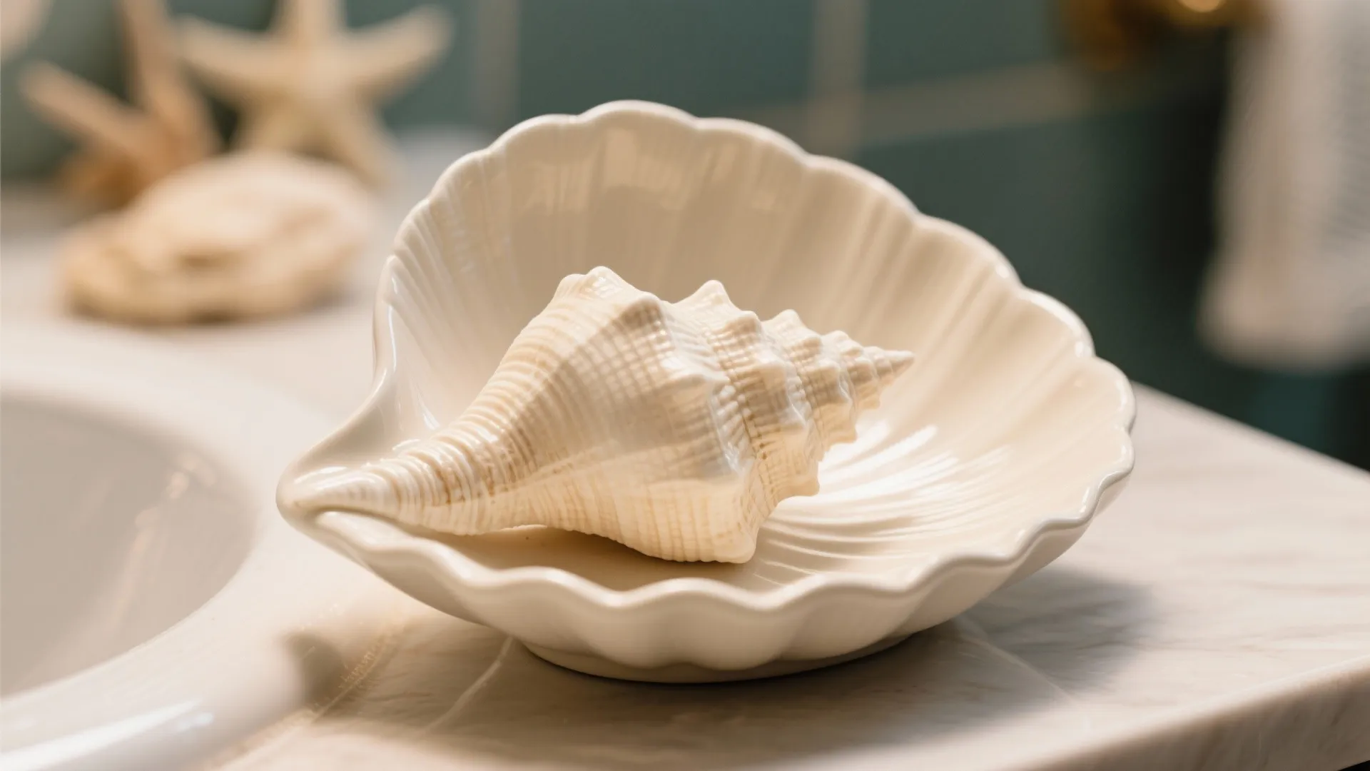 Close-up of a ceramic seashell soap dish in a bathroom