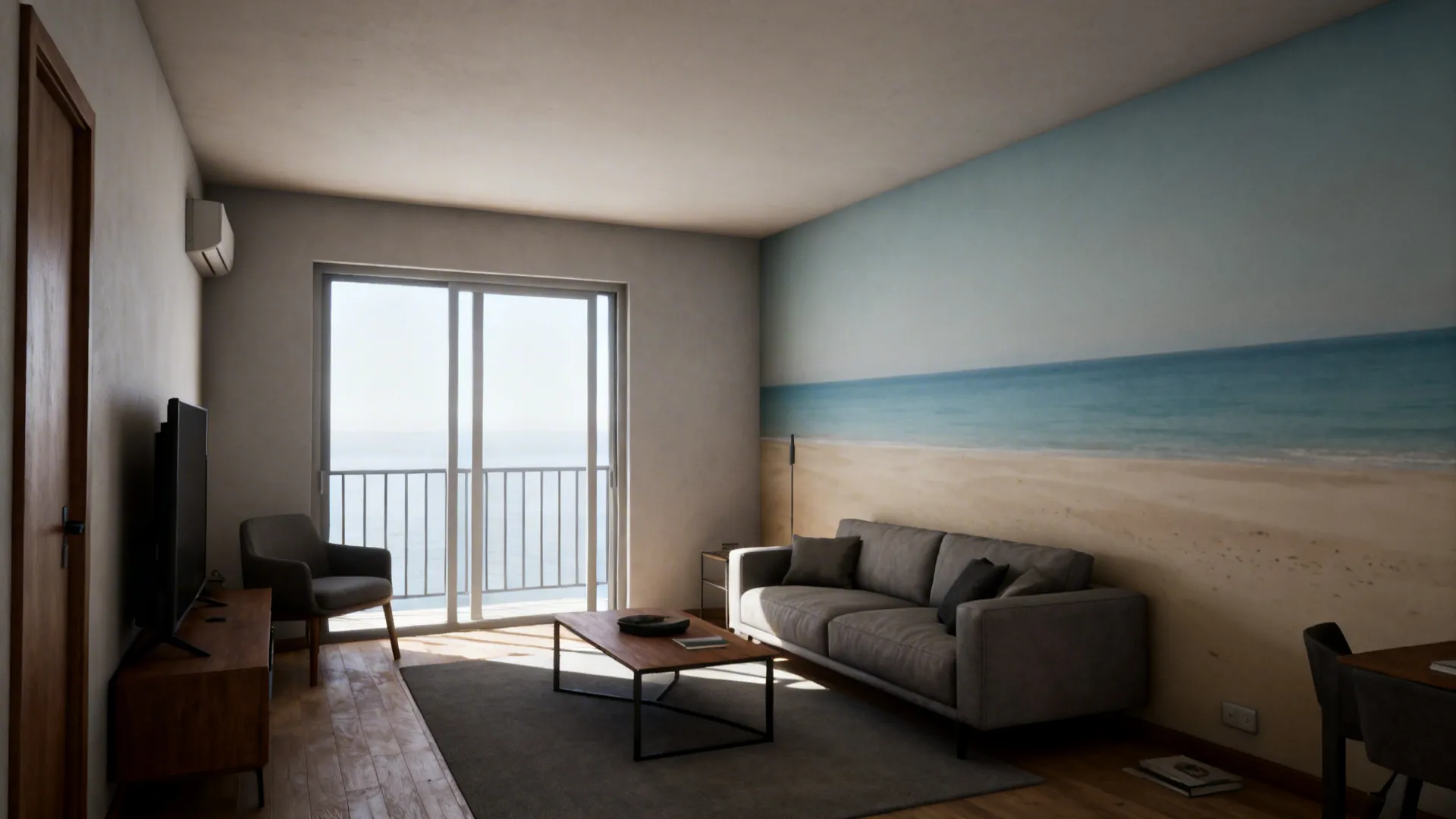 Small living room with a subtle seaside mural creating perceived depth and calm