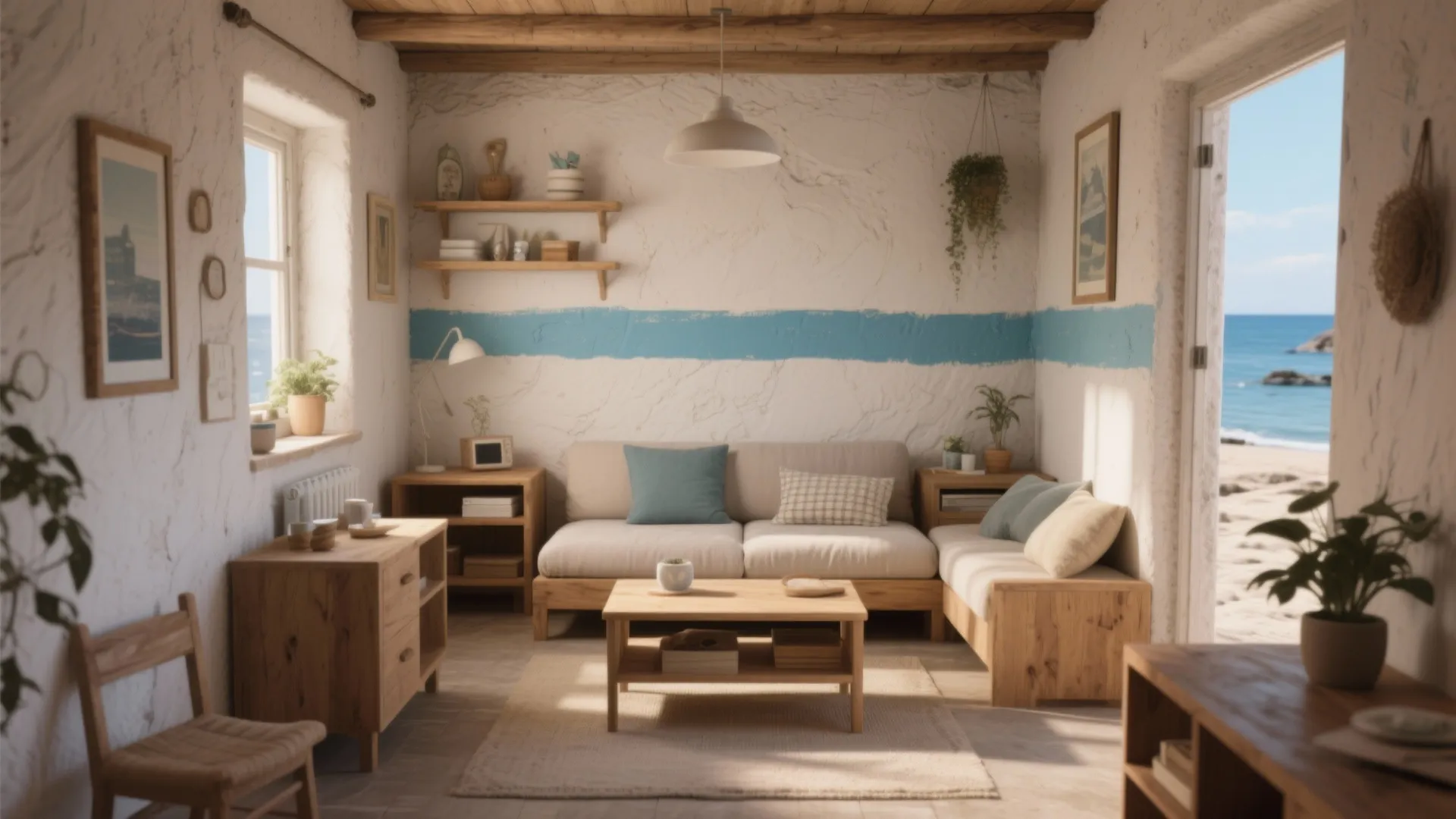 Coastal living room with sofa wood coffee table white walls blue stripe and beach view