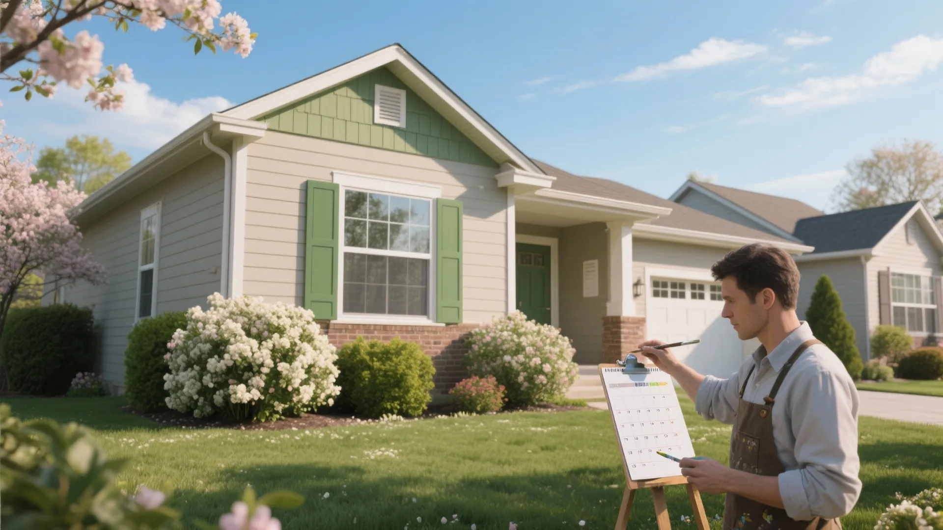 Painter checking a schedule on a clipboard outside a house with green shutters and flowers