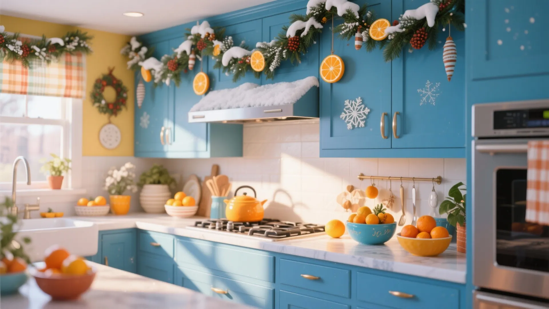 Blue kitchen cabinets decorated with green garland oranges and snow for a festive winter look