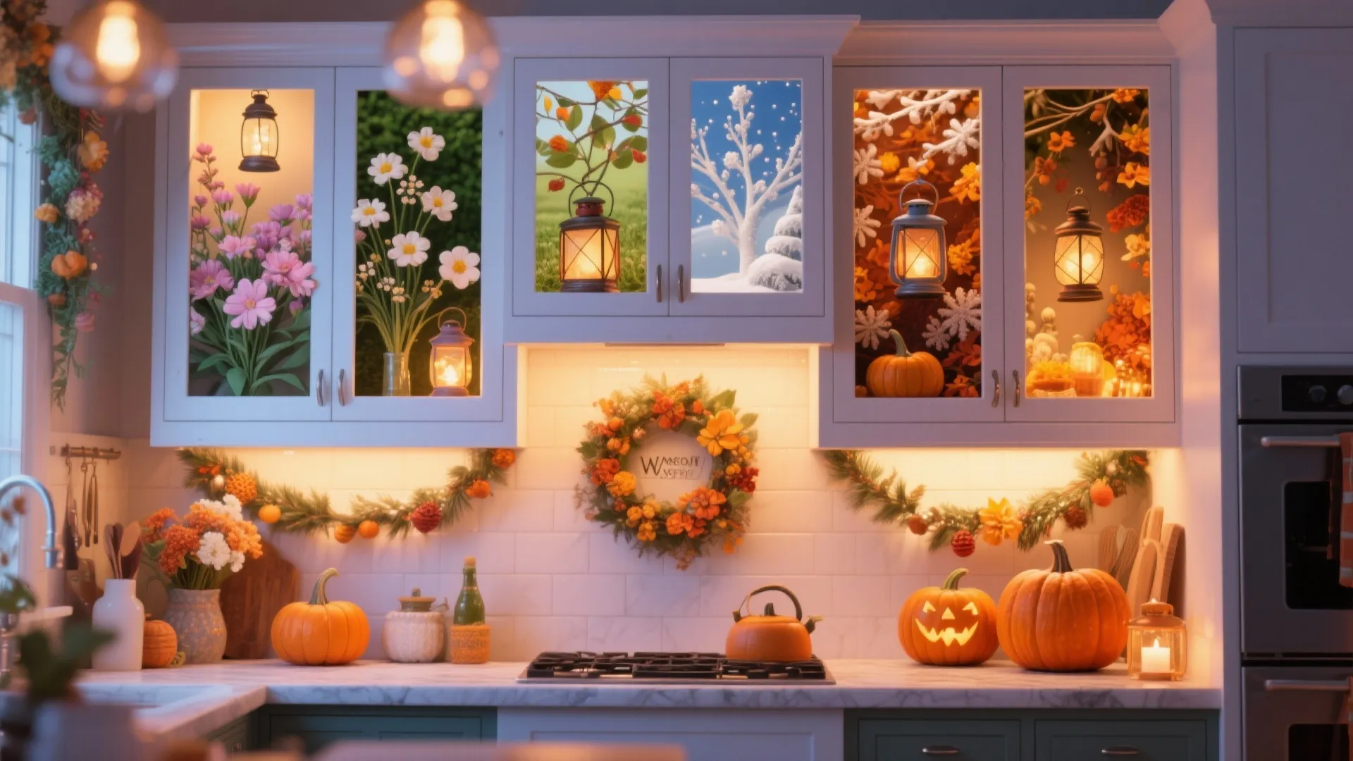 Above-cabinet decorations themed for different seasons in a kitchen