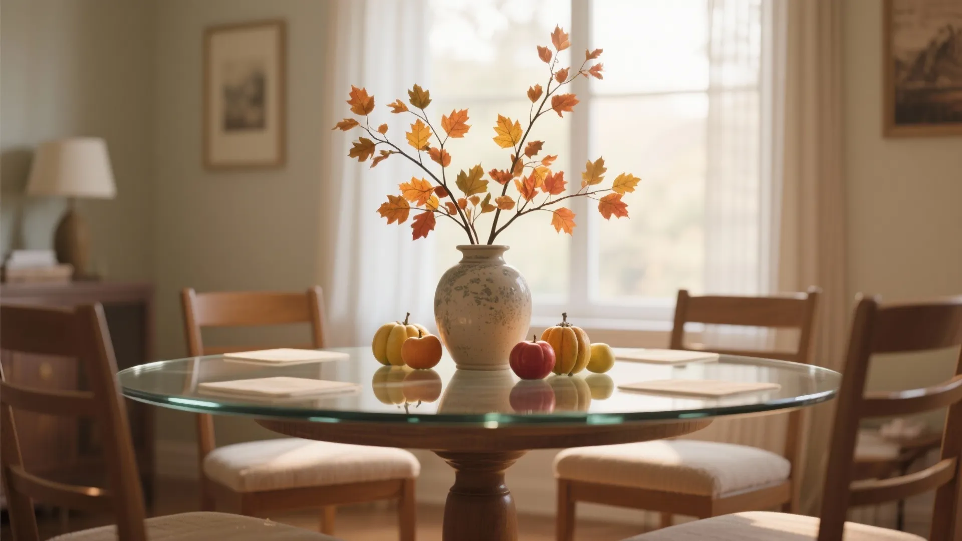 Glass dining table with autumn leaves in vase plus small pumpkins and apples for decoration