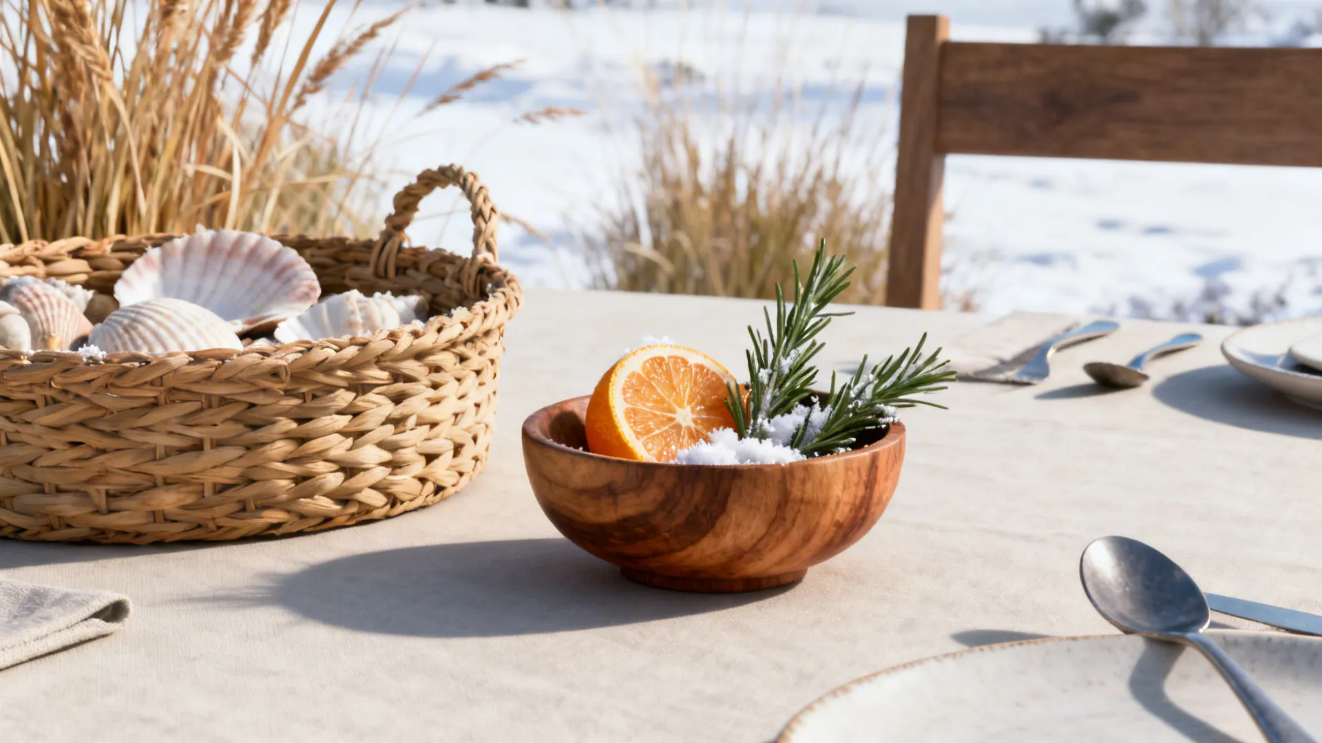 Wooden bowl with citrus and rosemary on a dining table, with a basket of seasonal items in the background.