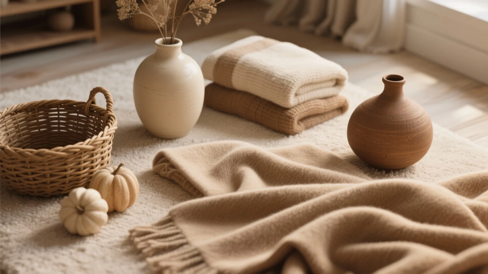 Cozy autumn room scene with soft brown blanket ceramic vases wicker basket and small white pumpkins