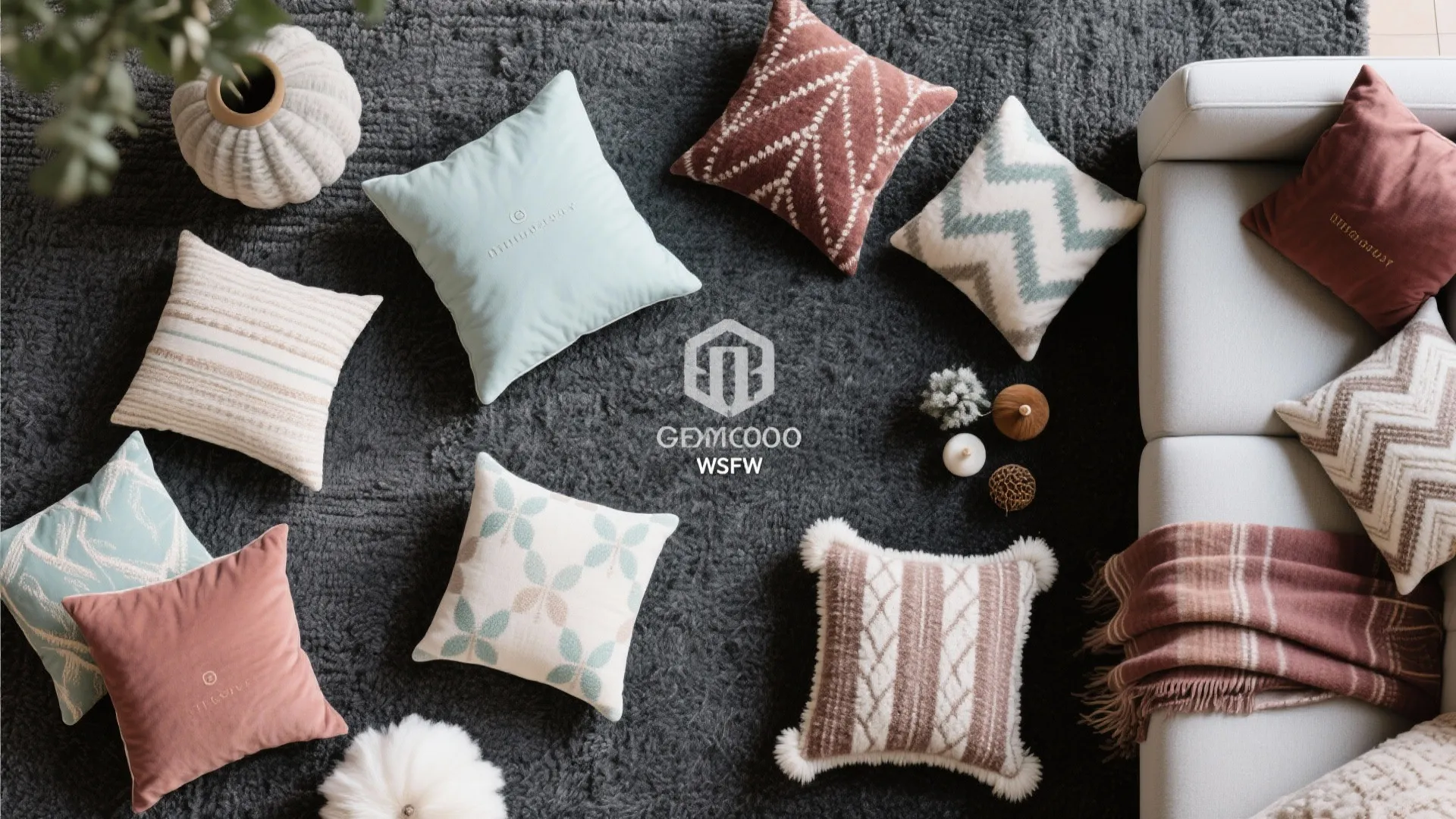 Top view of colorful pattern pillows on dark grey carpet next to a white sofa section