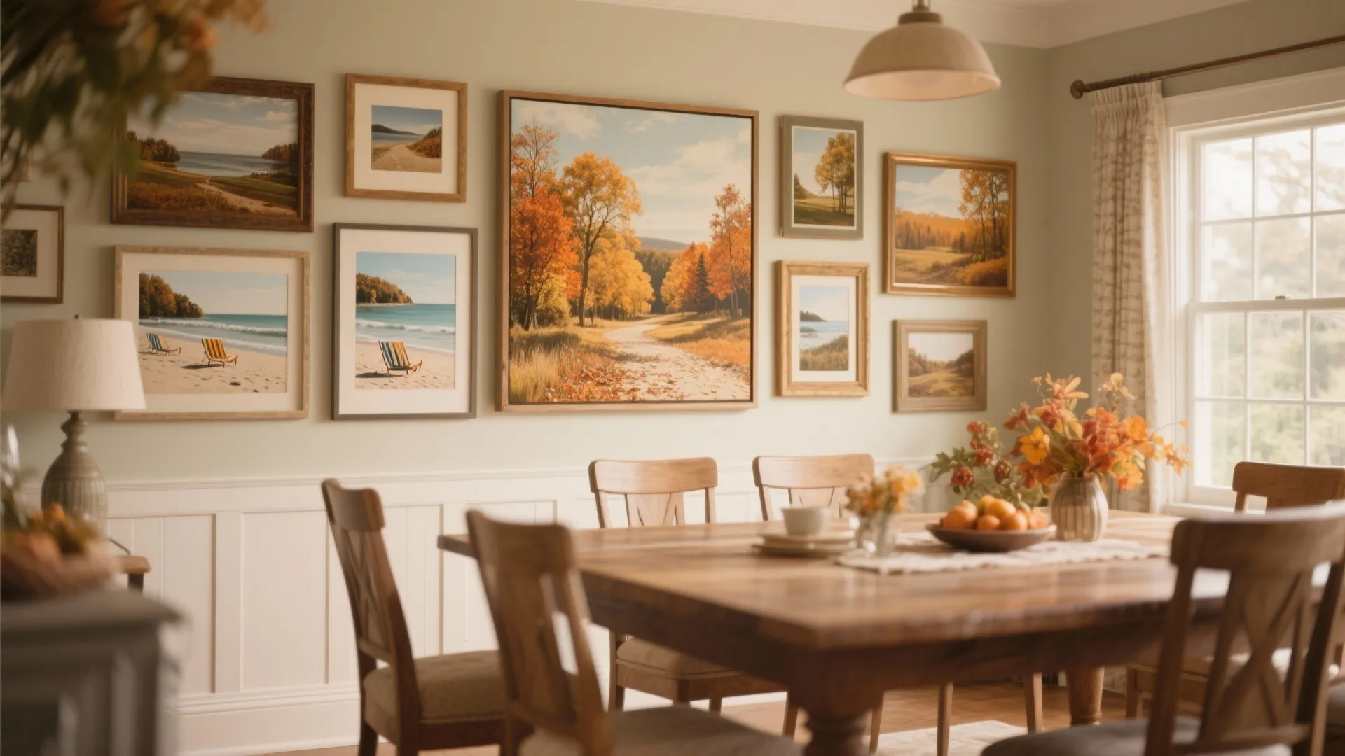 Warm dining area featuring a gallery wall of autumn landscape pictures and a wooden table