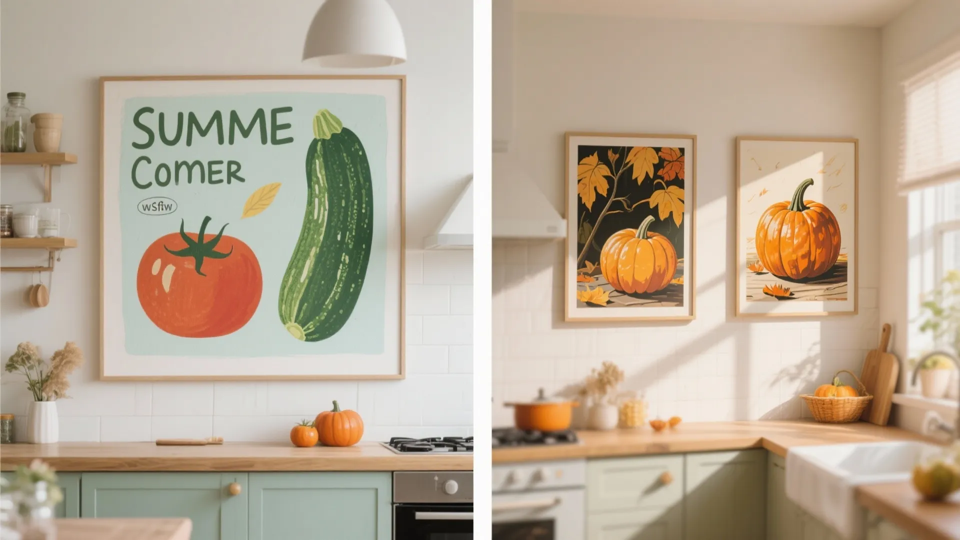 Two framed posters of summer vegetables and autumn pumpkins hanging on white kitchen wall tiles