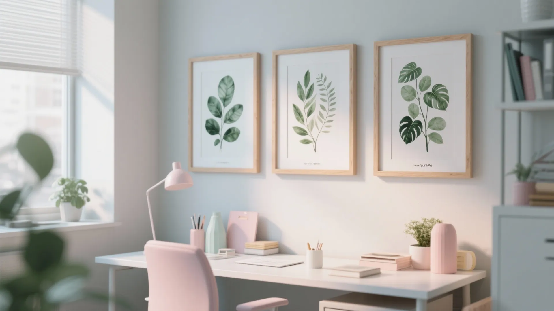Office with botanical wall art in light wood frames