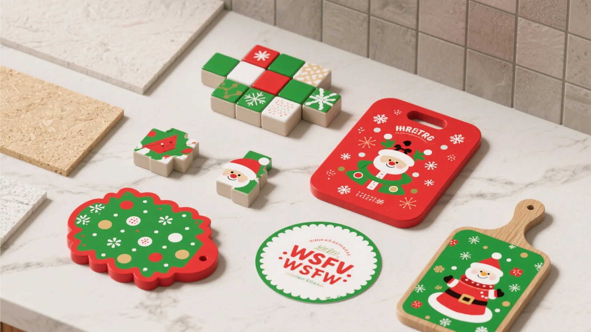 Christmas themed kitchen accessories with Santa Claus patterns and green tiles on a white countertop
