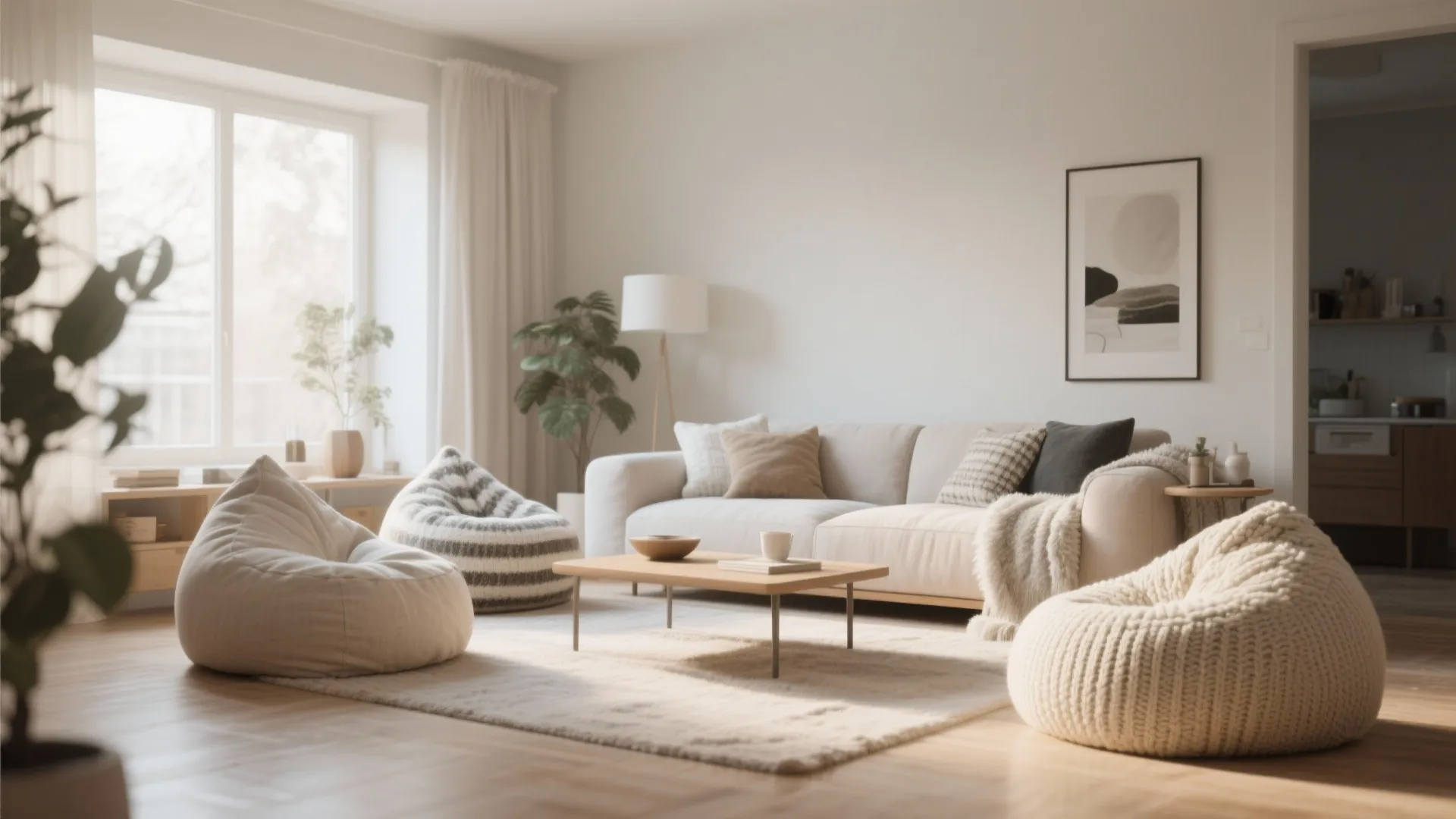 Living room bean bags with seasonal fabric covers