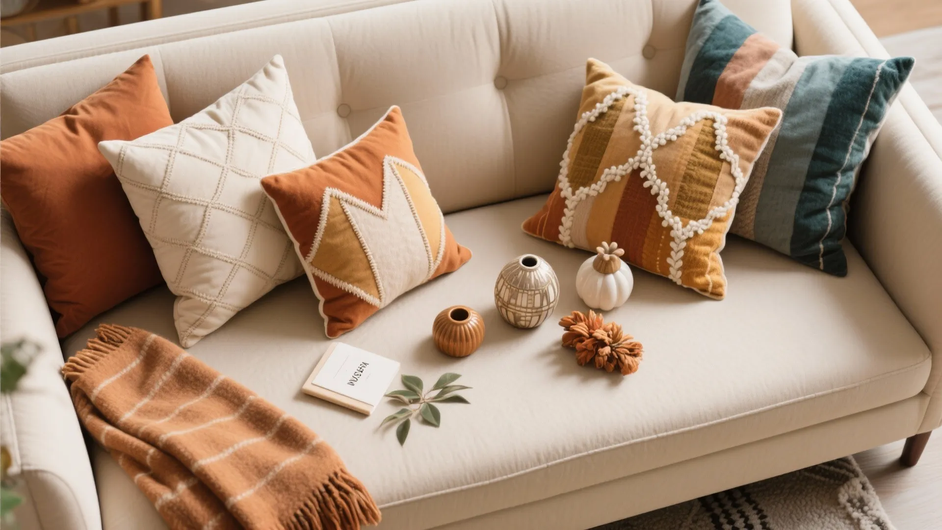 9. Beige Sofa with Seasonal Accent Swaps