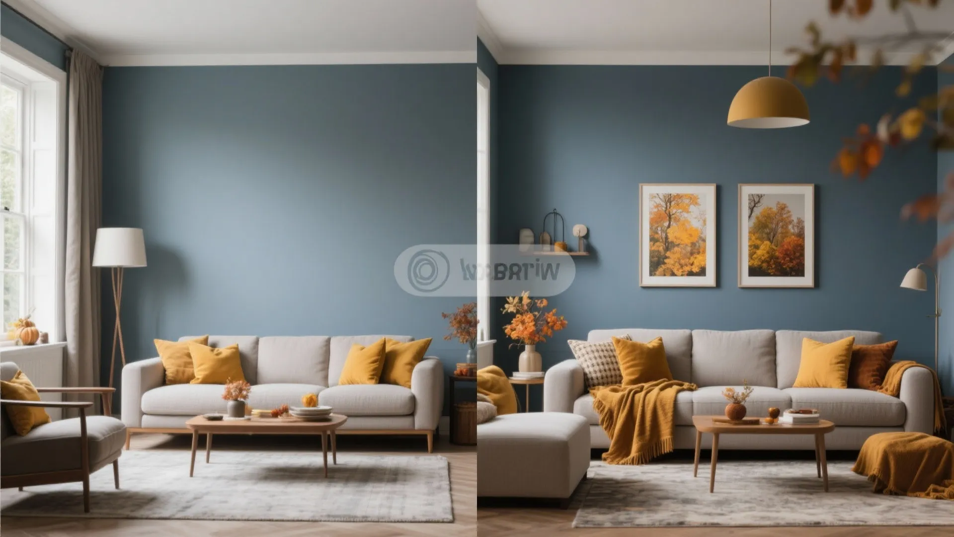 Comparison of living room with empty blue wall versus decorated wall with yellow autumn art