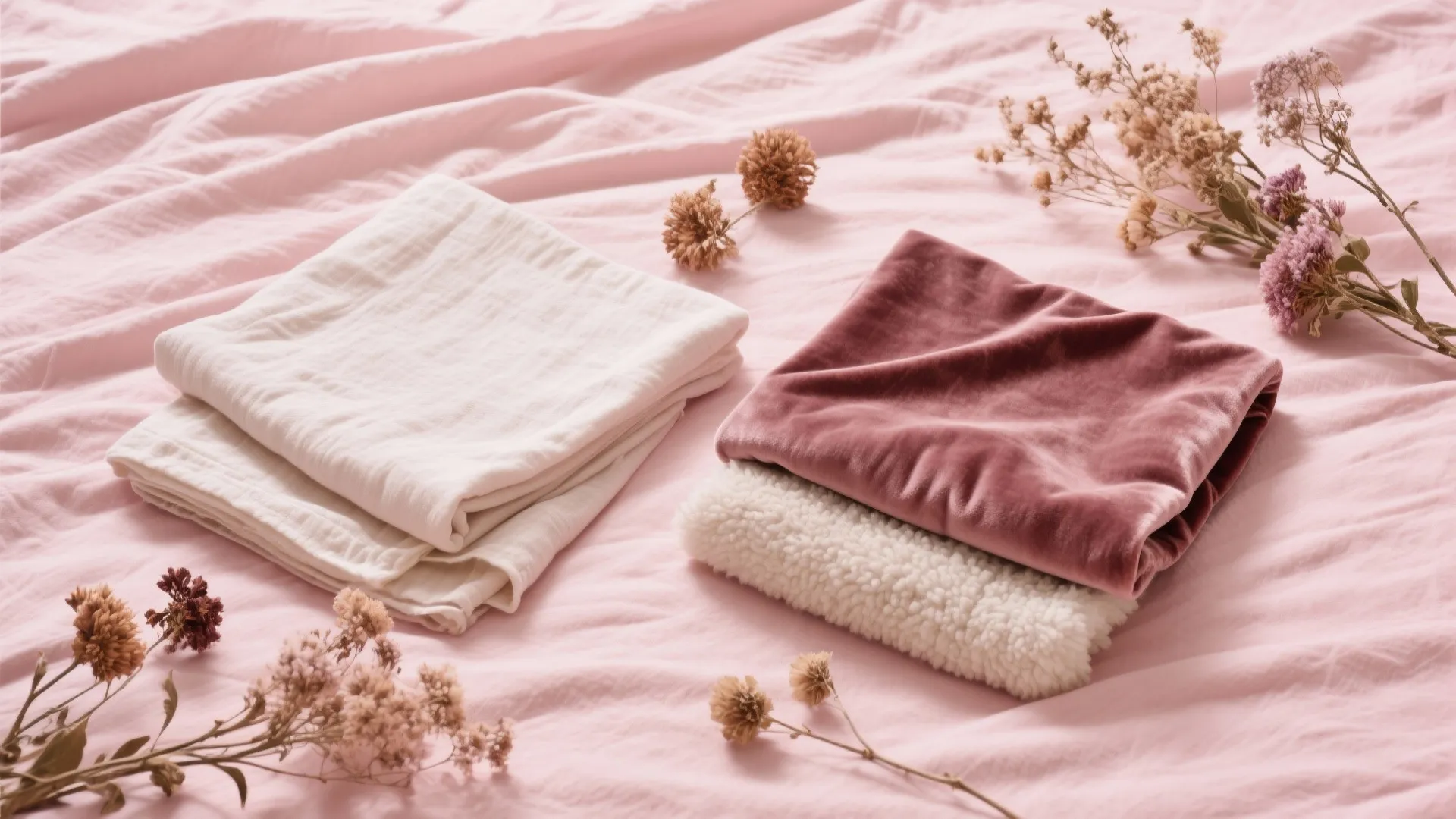 Folded pink and white fabric samples on pink bedding with dried flowers in a bedroom