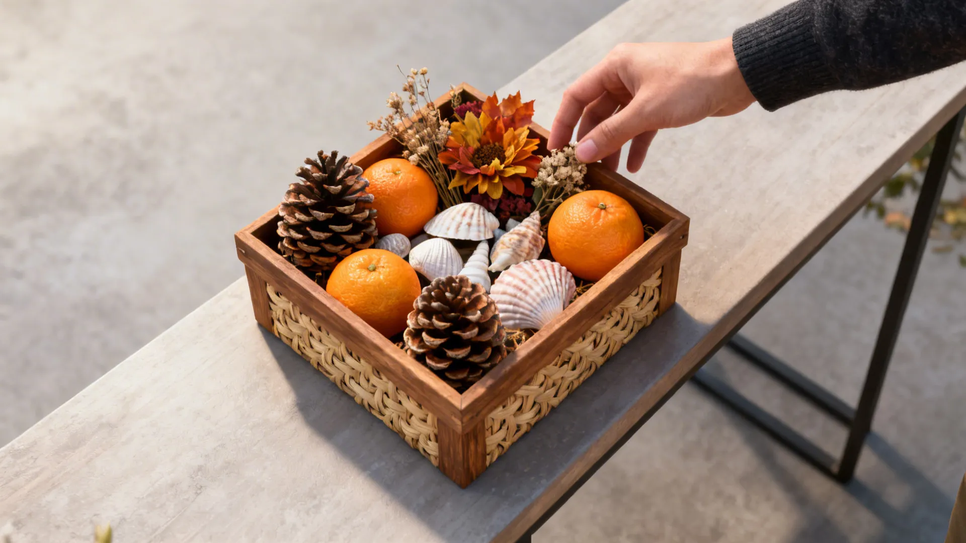 Small wooden box centerpiece showing seasonal items like pinecones, shells, and dried flowers.