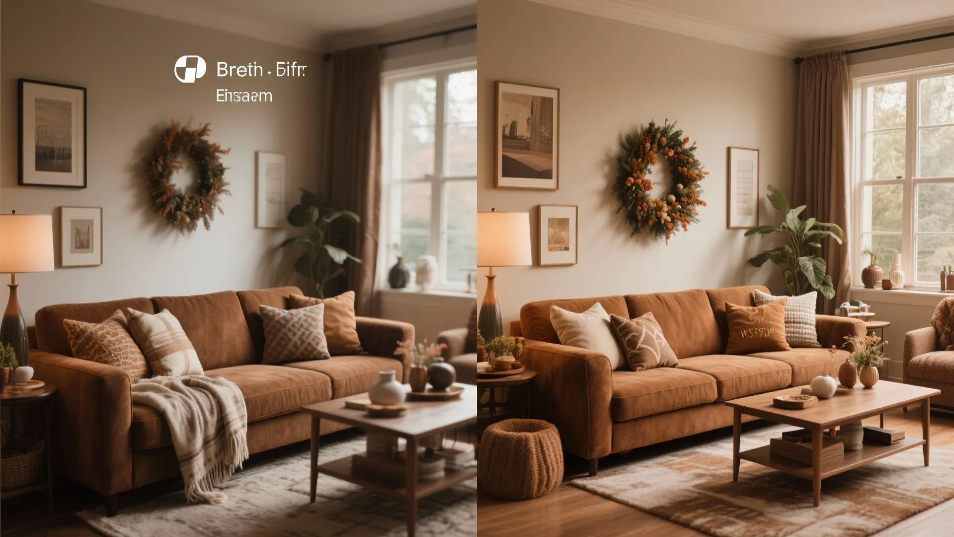 Cozy living room interior with brown sofa plus autumn wreath and wooden coffee table decor