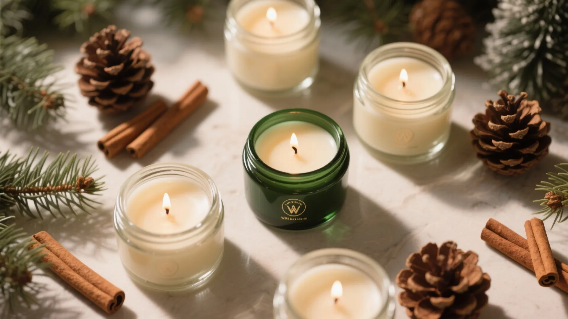 Scented candles in glass jars on marble surface with pine cones cinnamon sticks and greenery