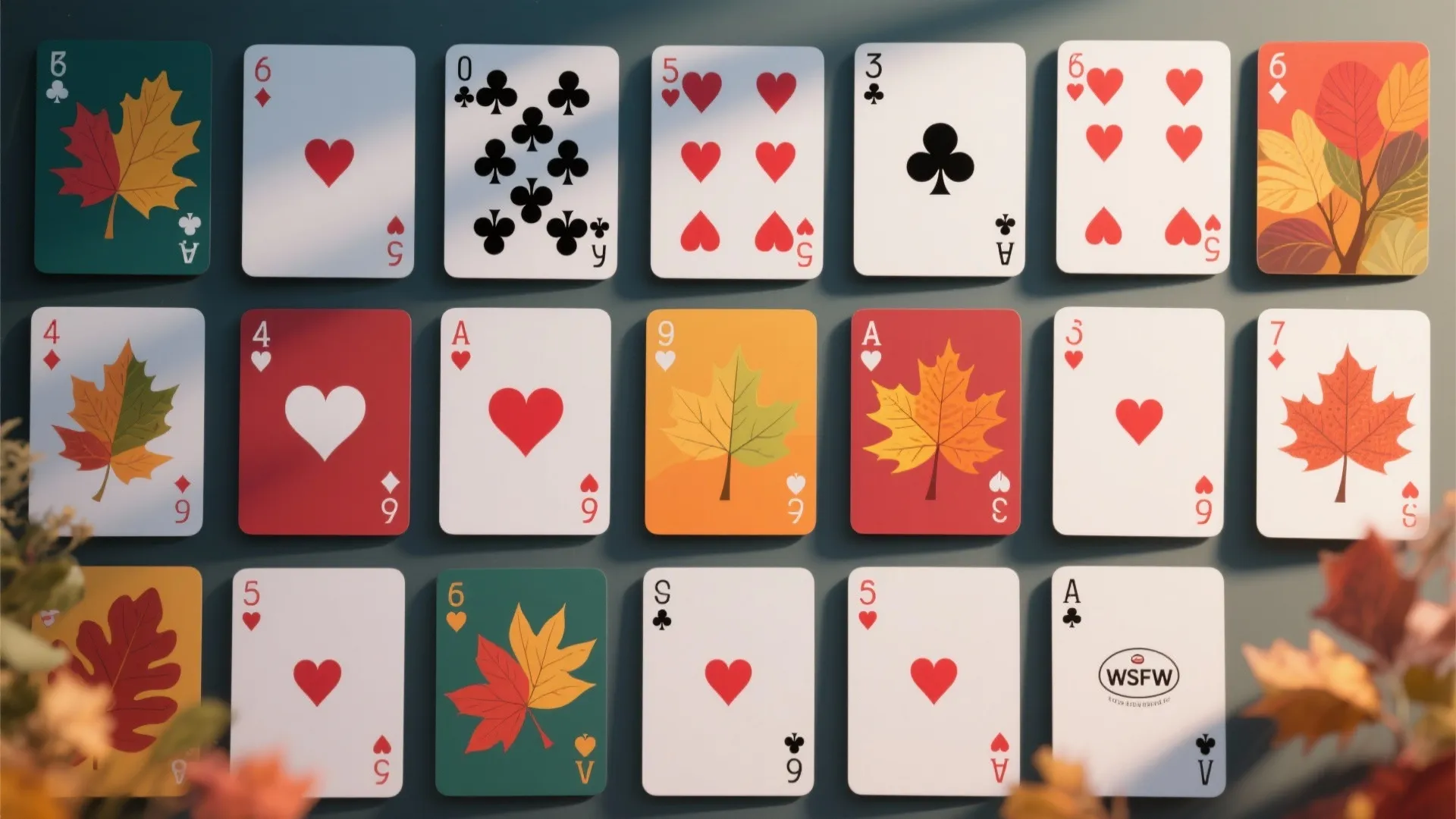 Season-themed playing cards arranged in flatlay style