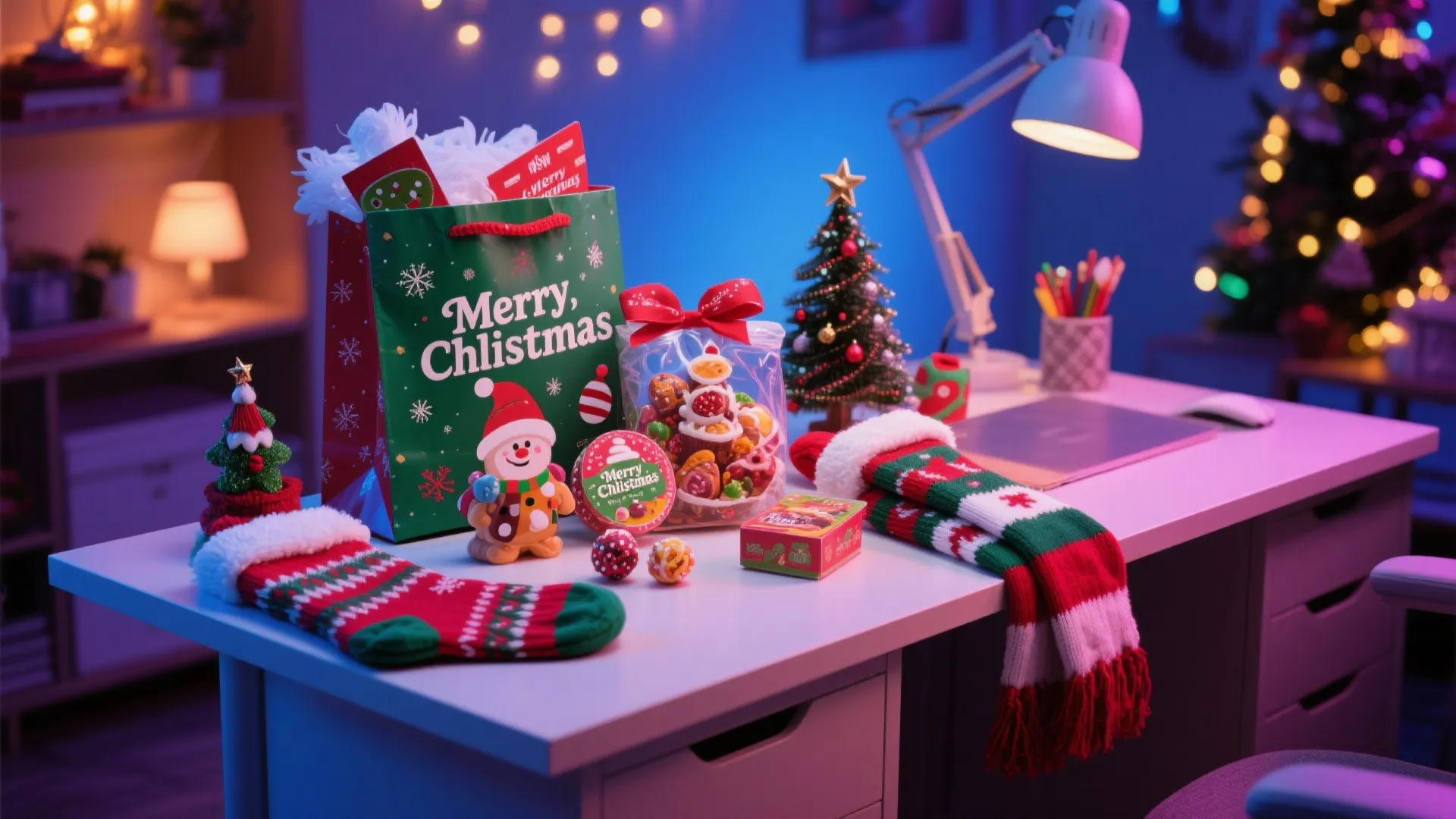 Festive office desk with Christmas gift bags, red stockings, small tree, and warm holiday lights