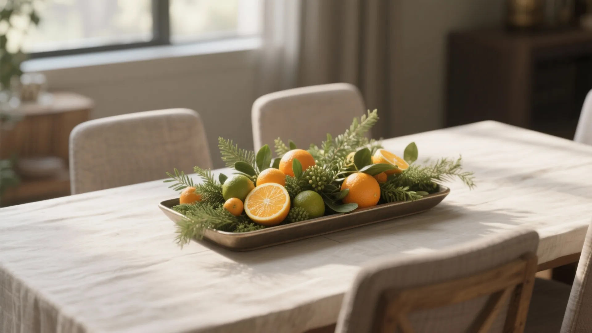 Dining table with tray containing fresh oranges and limes and green leaves under natural light