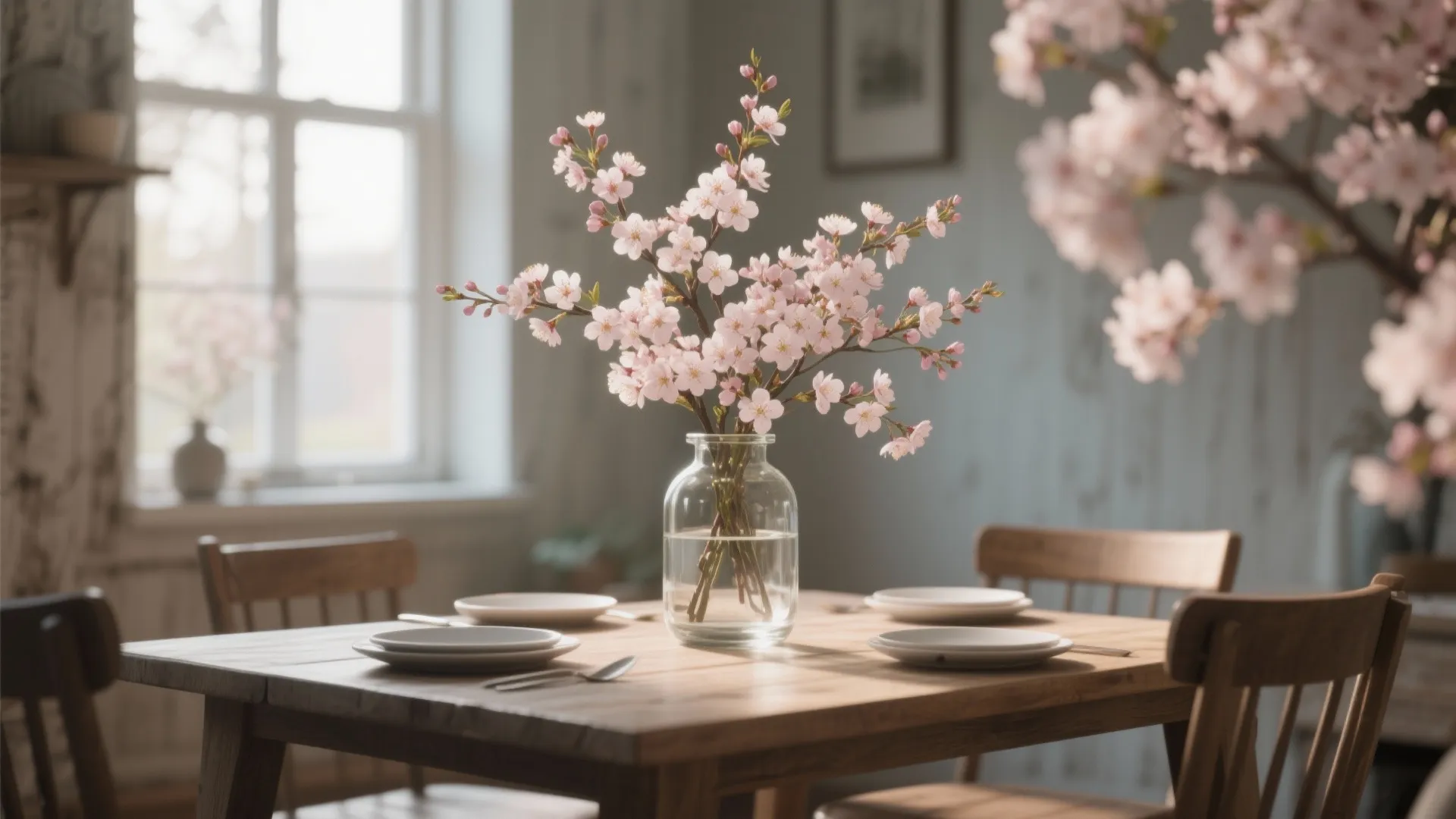 Pink flowers in a glass jar on a wooden table with white plates and chairs