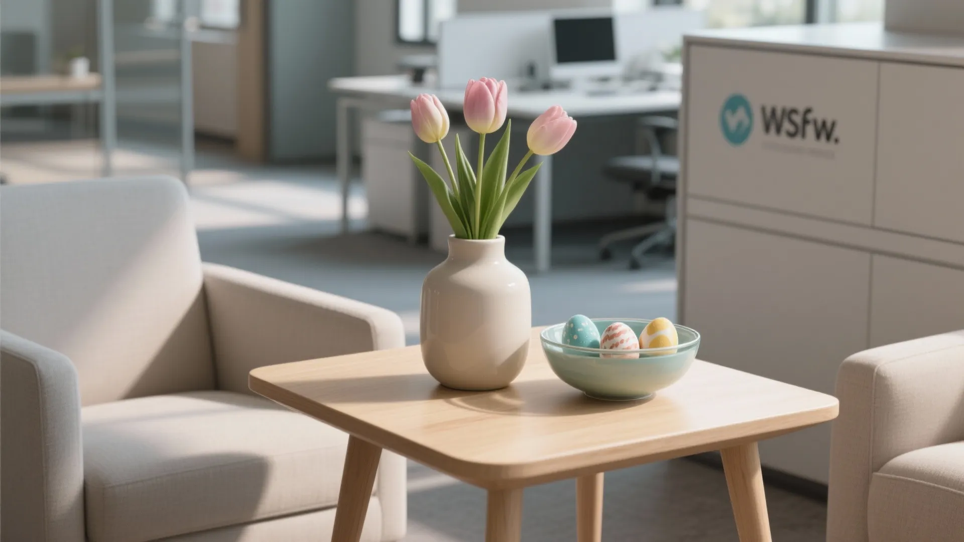 Small wooden table with pink tulips in white vase and decorated Easter eggs in glass bowl