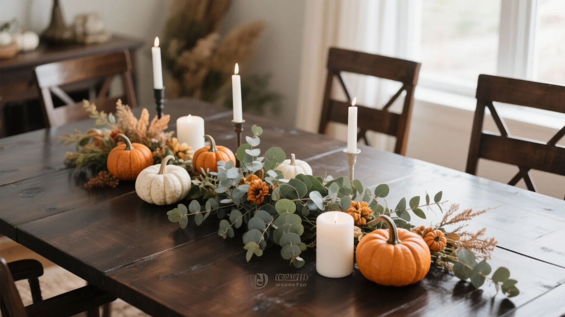 Autumn dining table decoration with orange pumpkins green leaves white candles and dark wood chairs