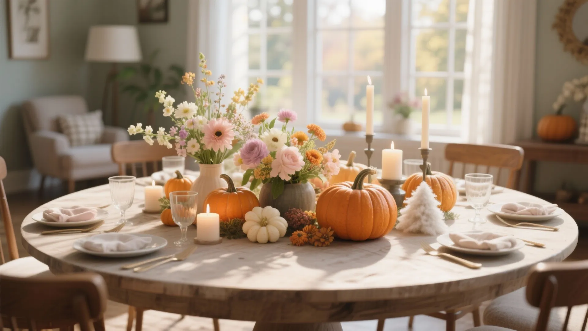 Autumn dining table decoration featuring orange pumpkins fresh flowers white candles and wooden chairs indoors