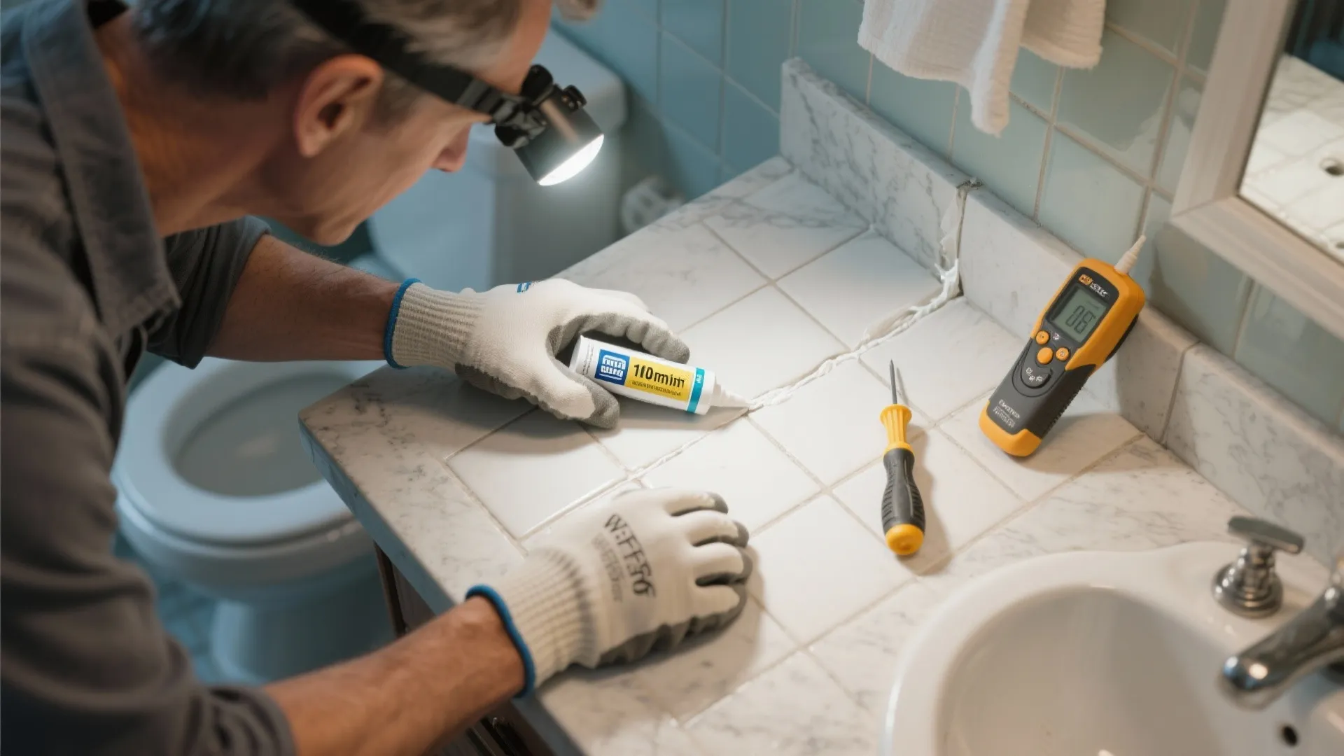 Professional worker applying white sealant to bathroom tiles on a counter using a squeeze tube