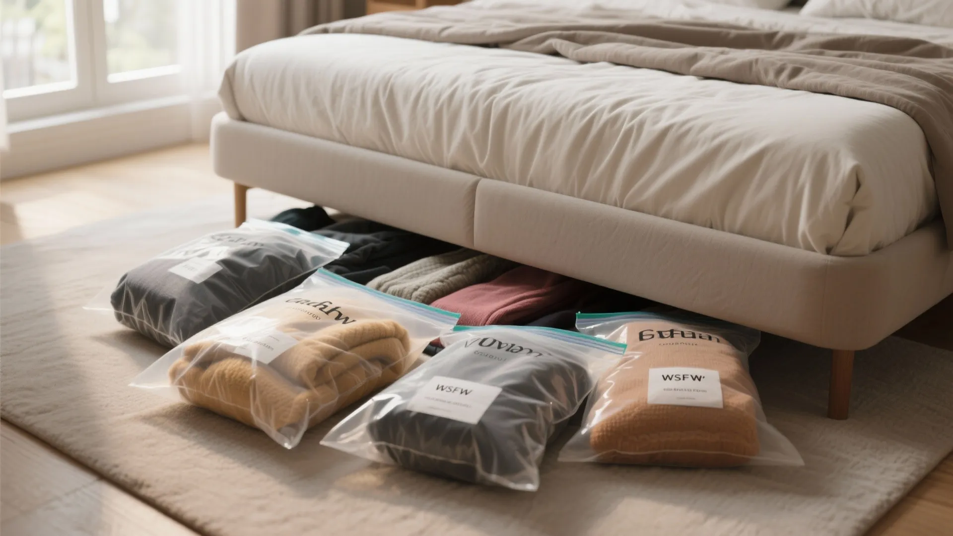 Seasonal clothes stored in vacuum bags placed neatly under a white bed on a rug
