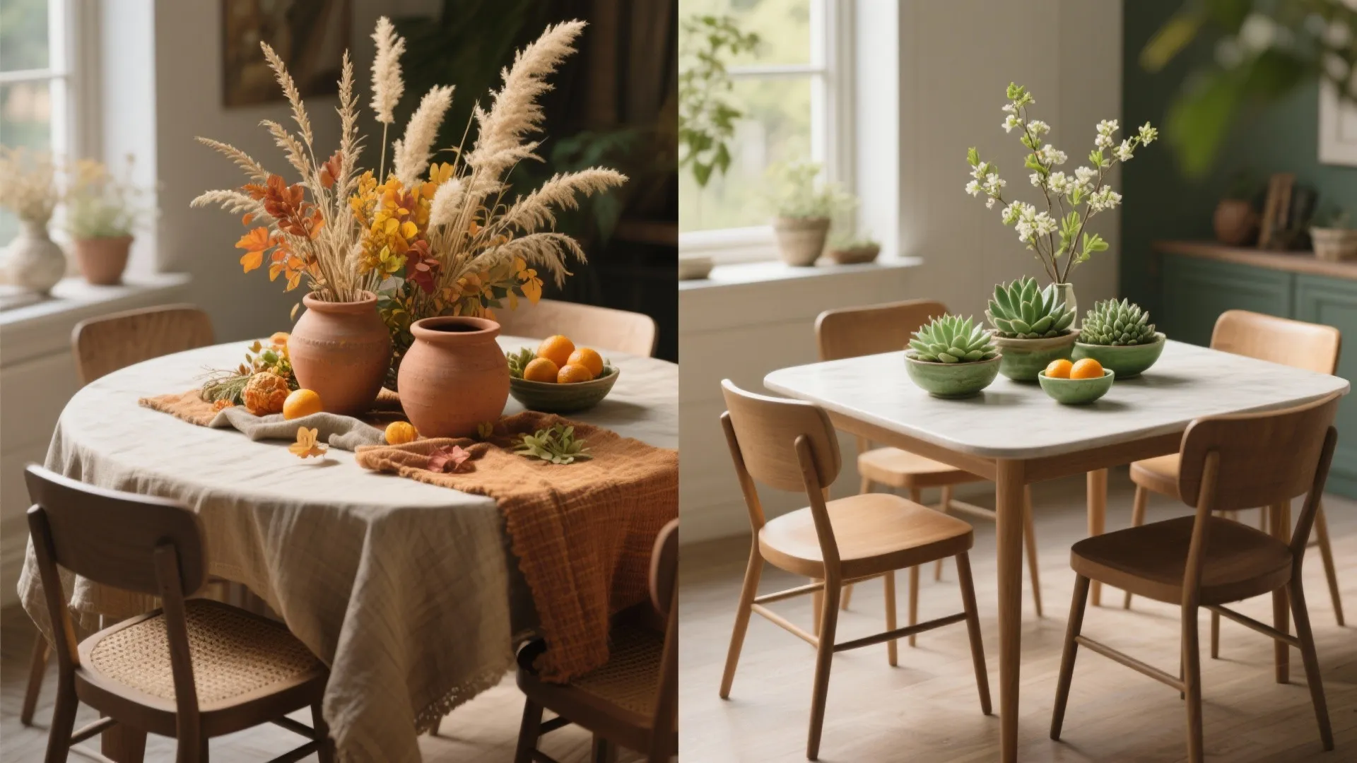 Side-by-side seasonal clusters on a small dining table: autumn dried grasses and spring succulents.