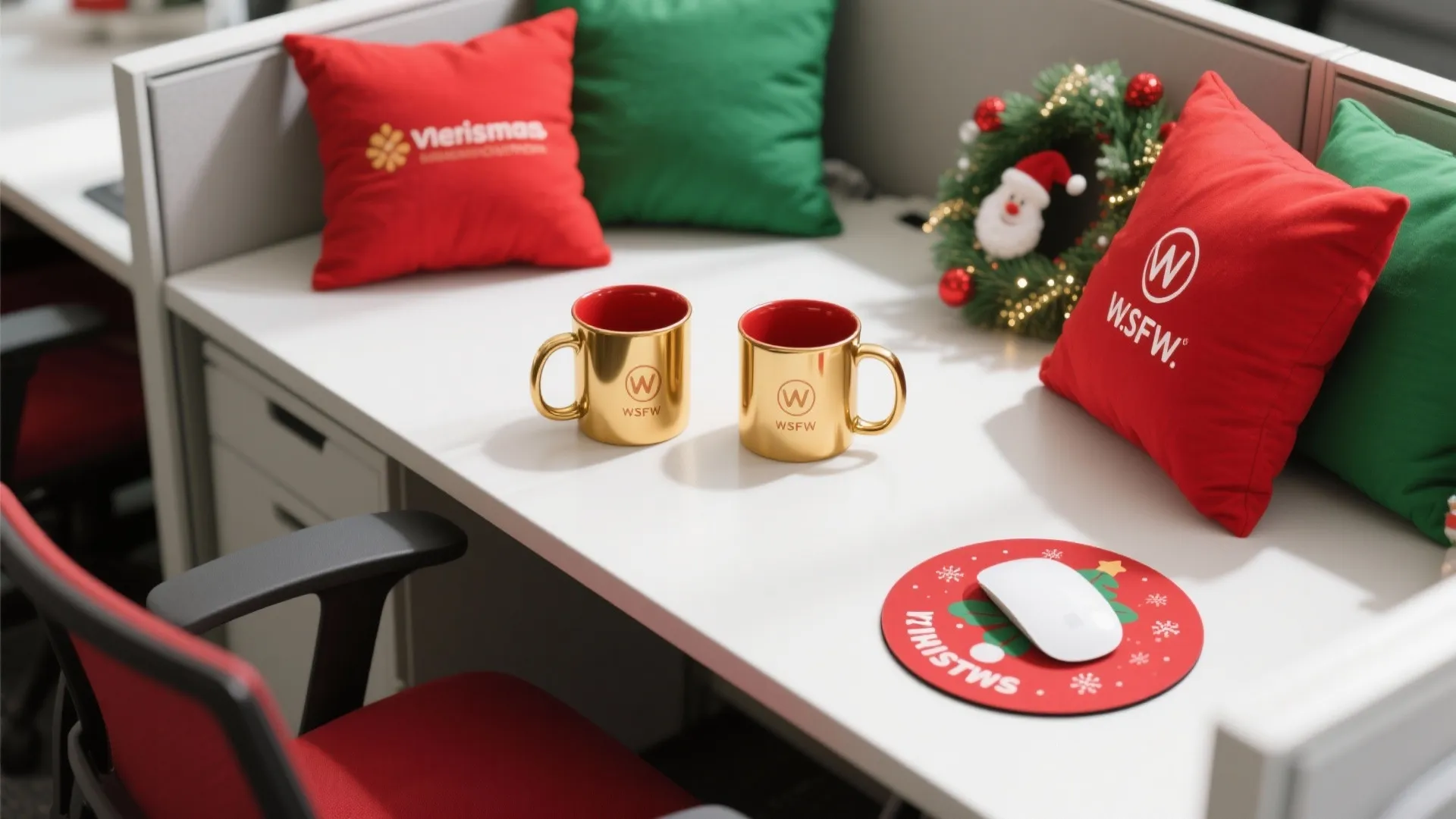 Office cubicle desk featuring red and green pillows gold mugs a small wreath and mousepad