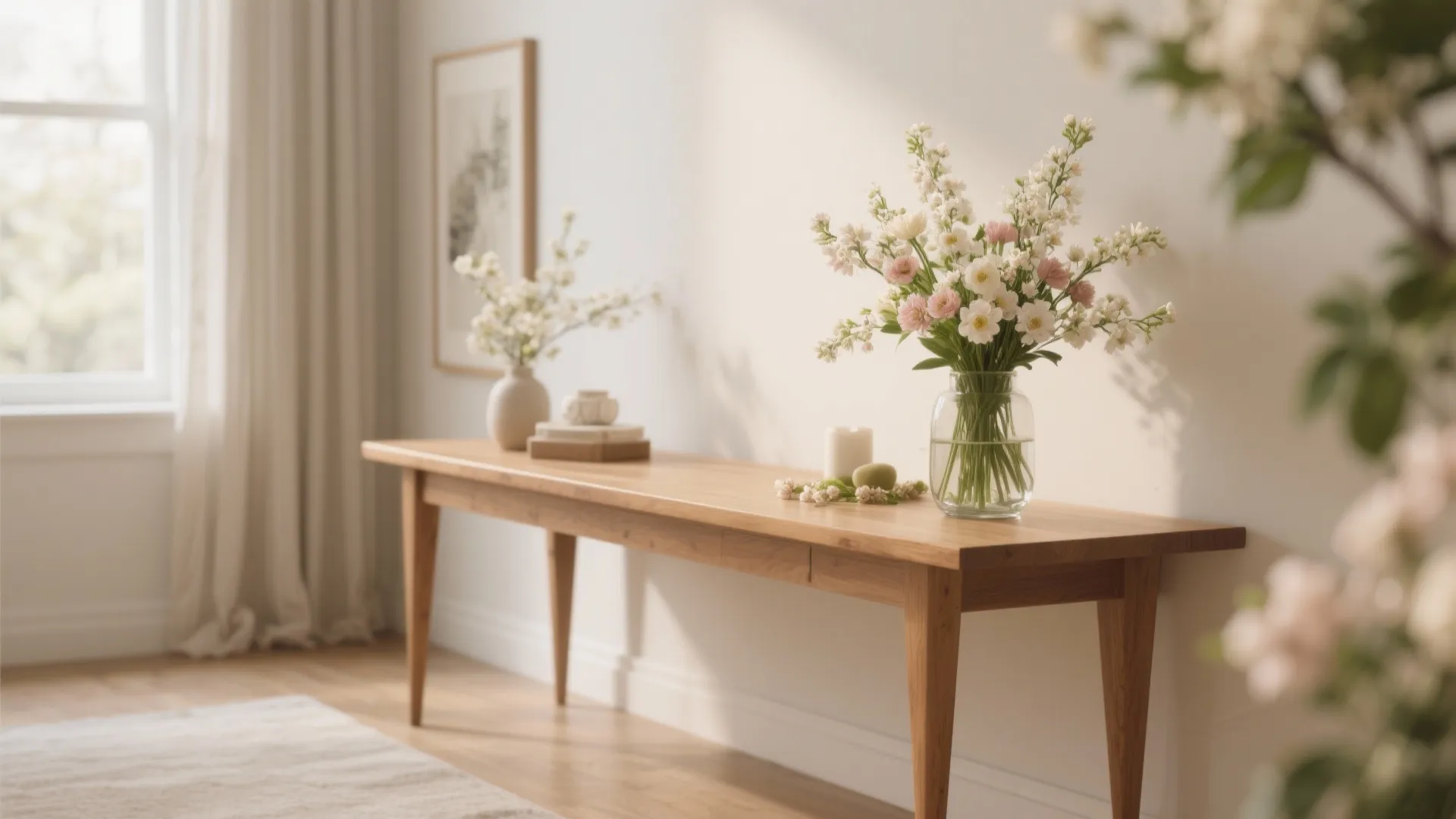 Console decorated with seasonal flowers in a bright space