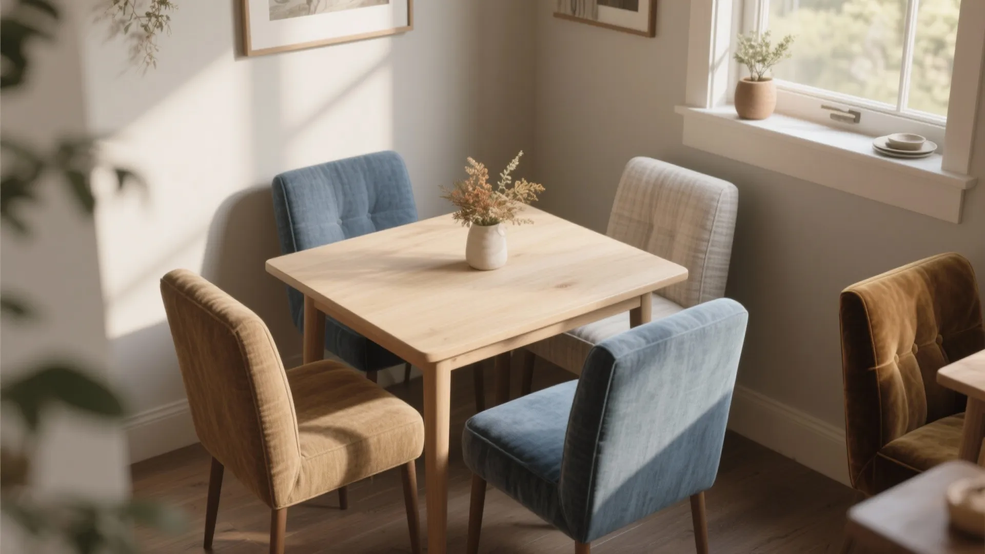 Wooden dining table with blue and brown chairs in a bright room with natural light
