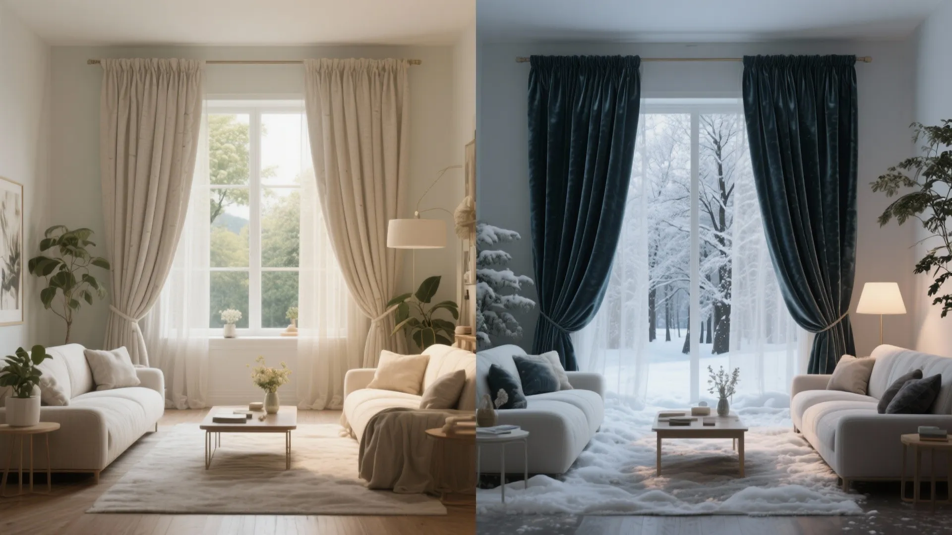 Comparison of a living room showing light summer curtains versus dark blue winter window curtains