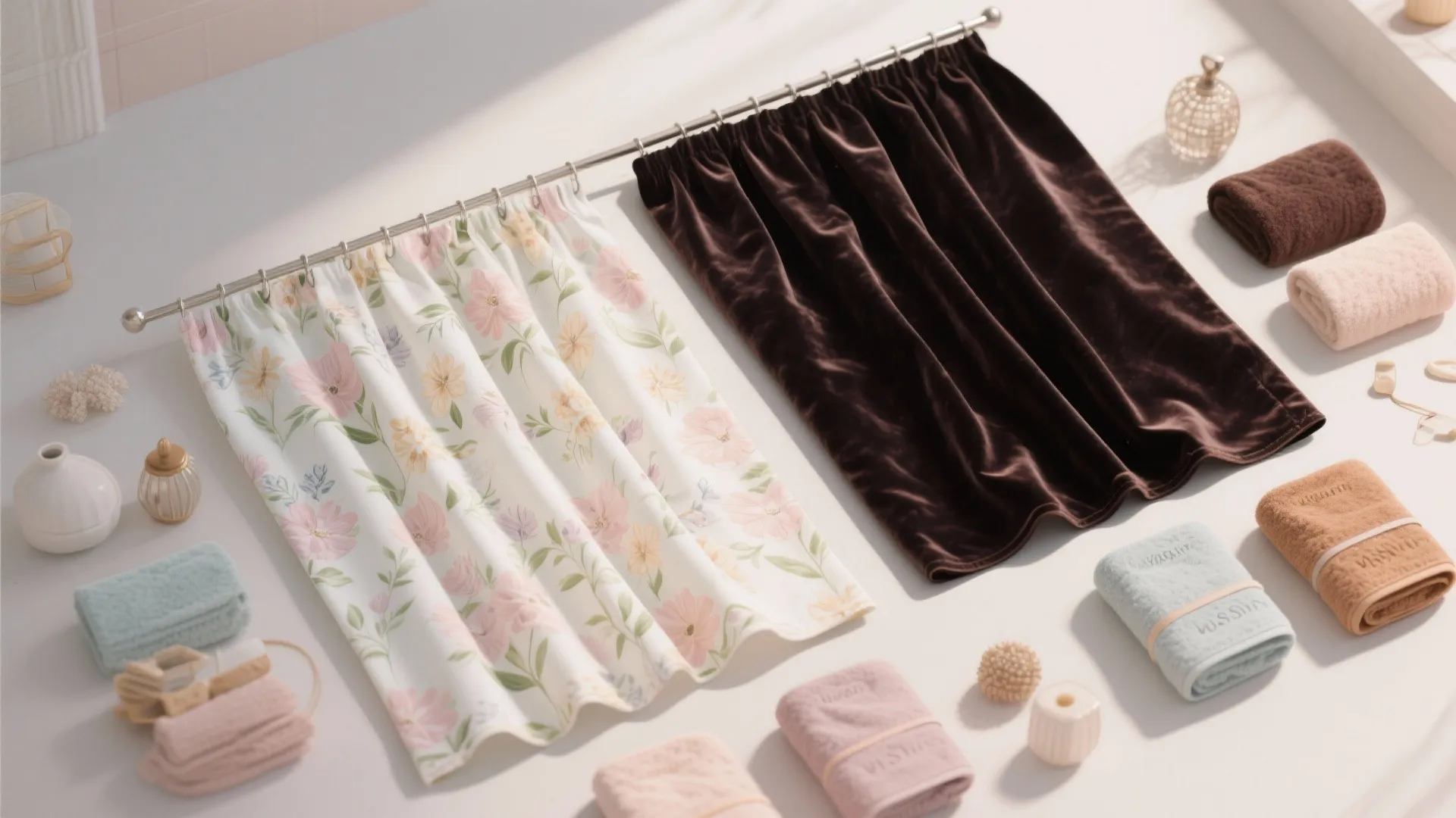 Floral patterned curtain and brown velvet fabric displayed with various colorful folded towels on surface
