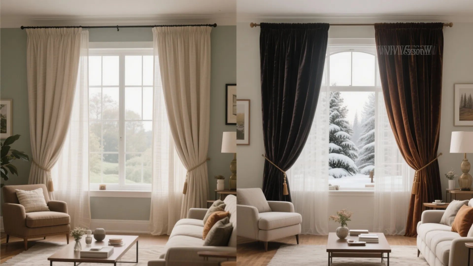 Seasonal change from light linen to deep velvet curtains in the same living room