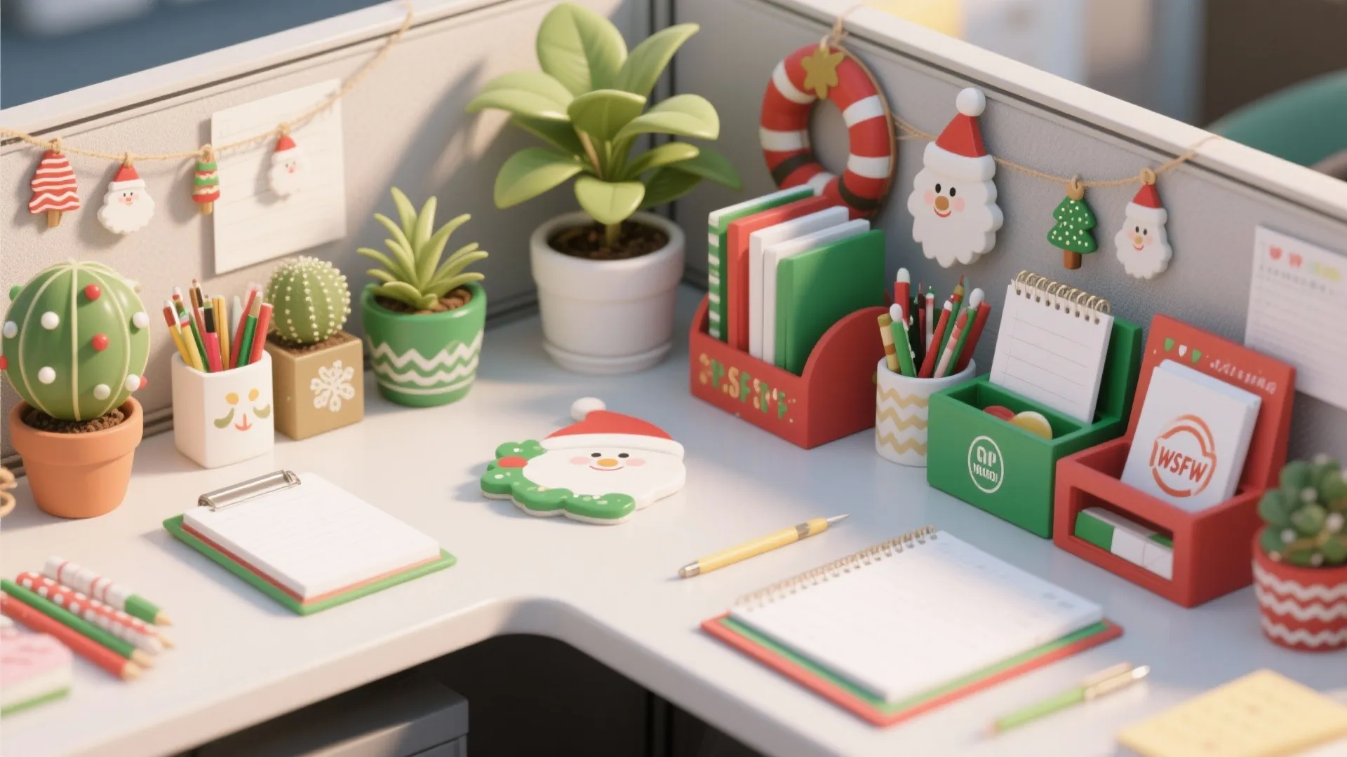 Office desk with Christmas decorations green plants notebooks pens and a small Santa Claus figure