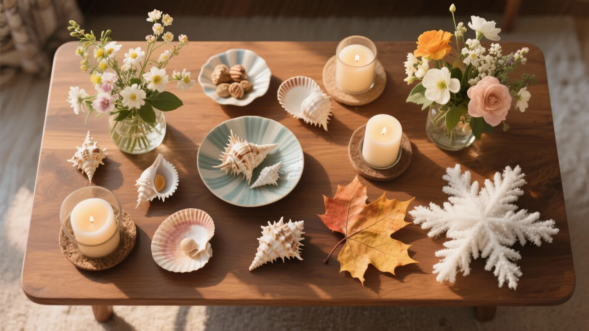 Wooden table decorated with seasonal items including candles, seashells, flowers, a maple leaf and snowflake