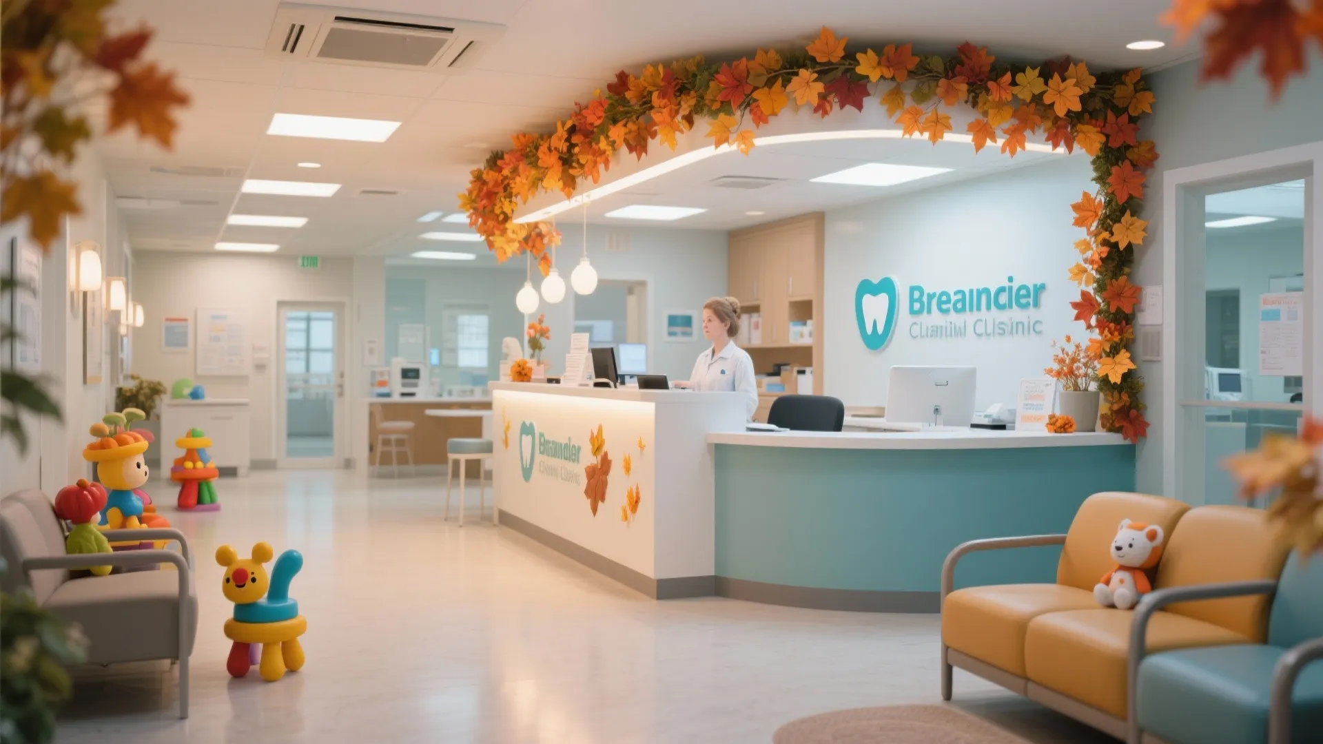 Dental office waiting room featuring fall leaf decorations white reception desk and colorful children toy area