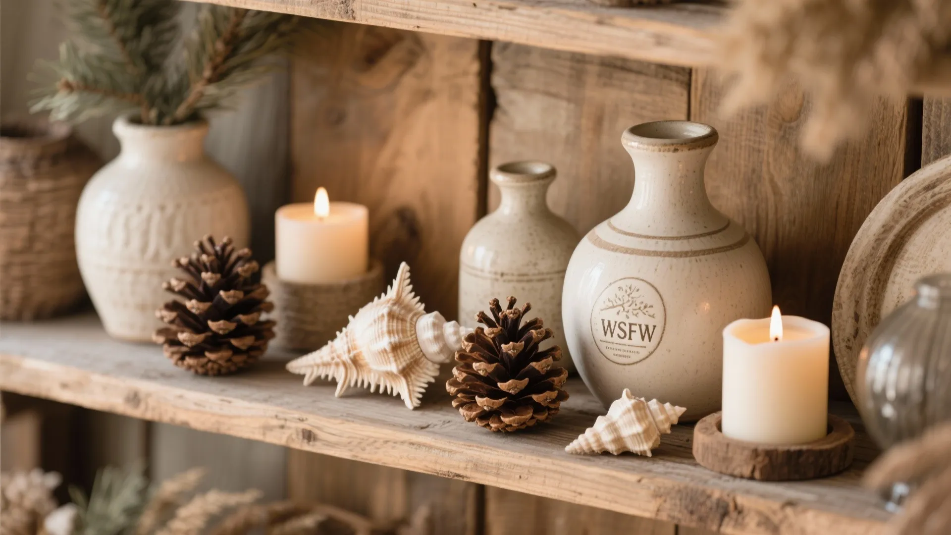 Wooden shelf decorated with ceramic vases white burning candles brown pine cones and small sea shells