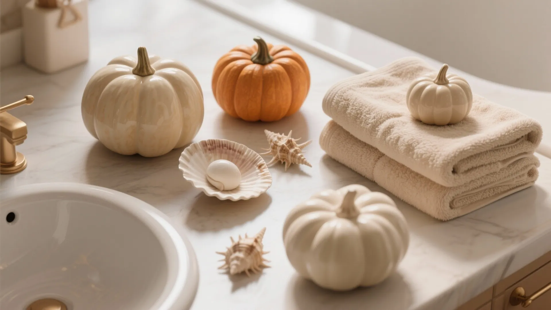 Marble bathroom counter with small pumpkins and shells next to a sink and folded towels